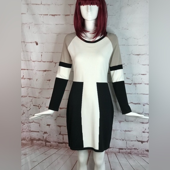 CALVIN KLEIN M Petite Colorblock Knit Long Sleeve Dress Black Taupe Cream MP - Picture 15 of 16